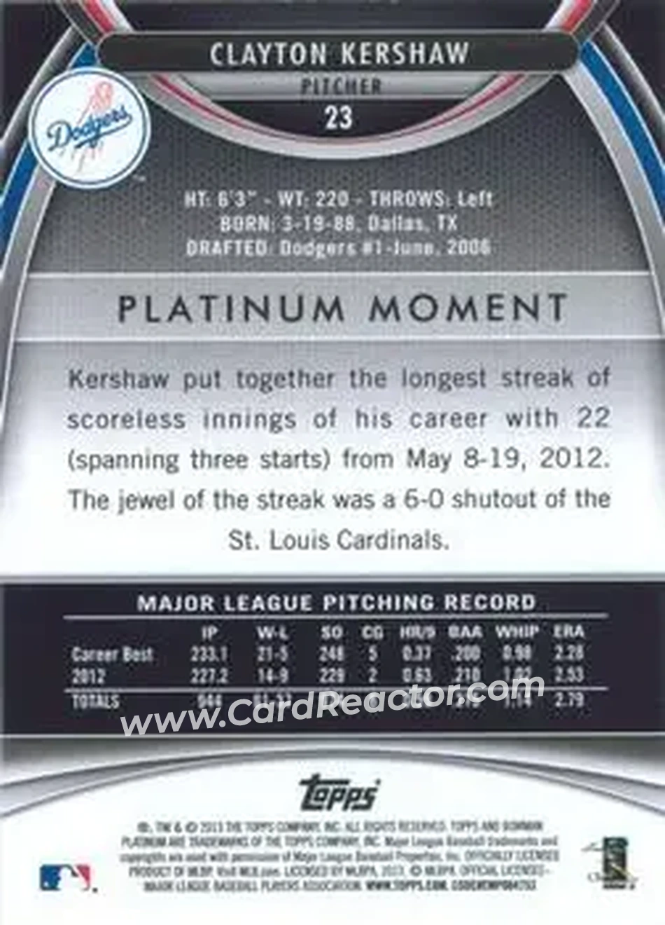 2013 Bowman Platinum #23 - Clayton Kershaw - Los Angeles Dodgers - Back