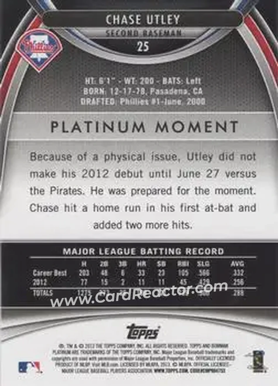 2013 Bowman Platinum #25 - Chase Utley - Philadelphia Phillies - Back