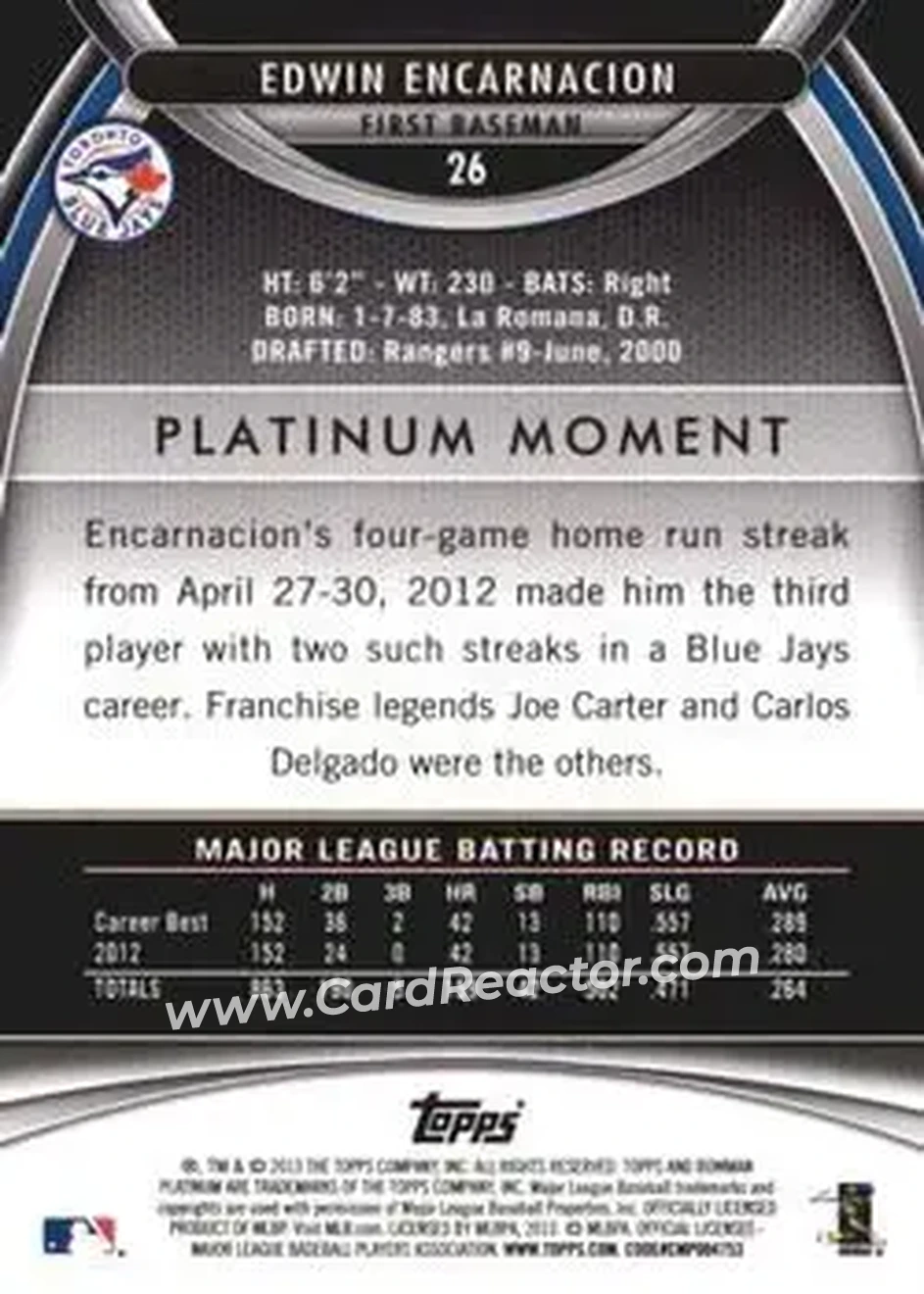 2013 Bowman Platinum #26 - Edwin Encarnacion - Toronto Blue Jays - Back