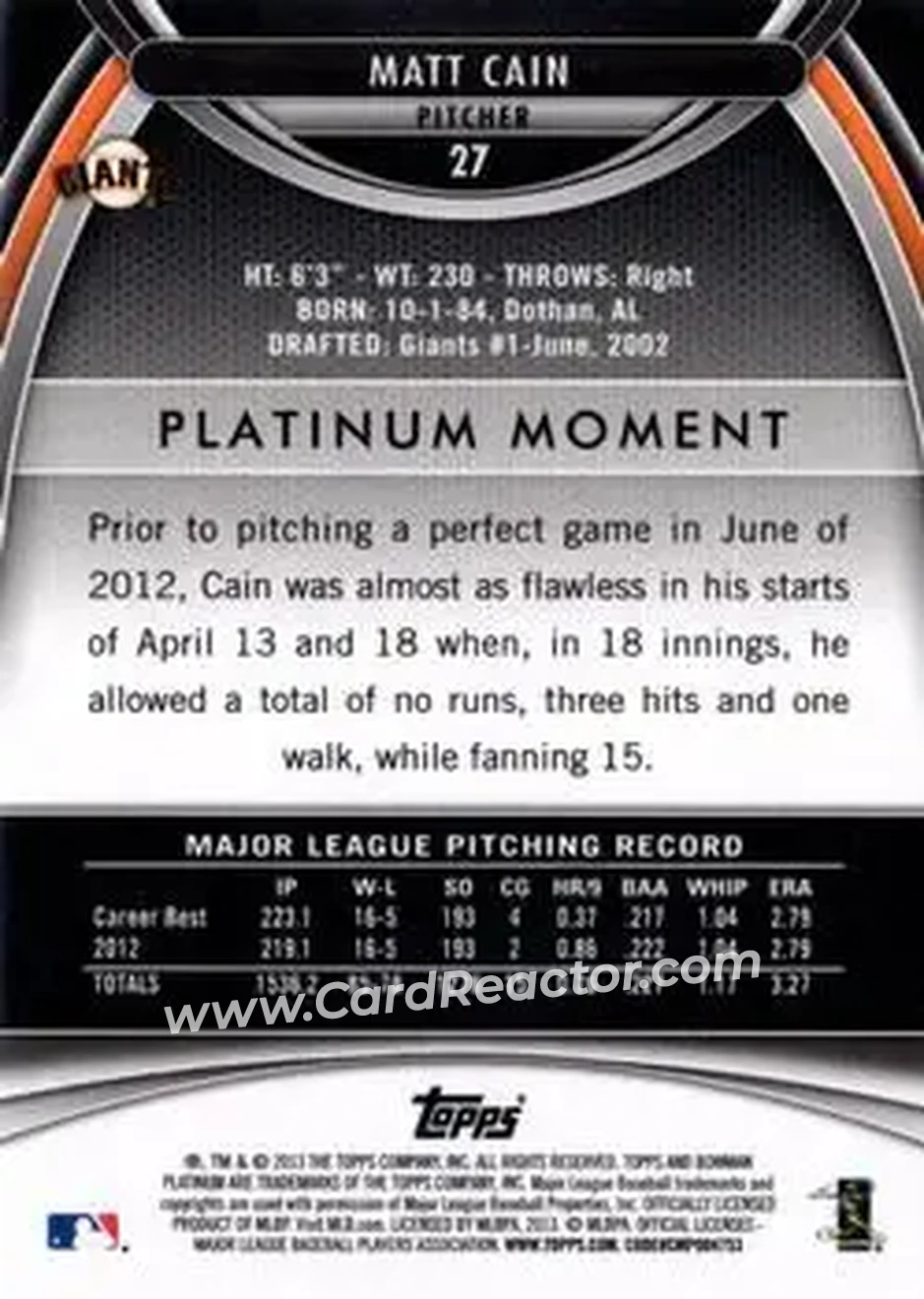 2013 Bowman Platinum #27 - Matt Cain - San Francisco Giants - Back