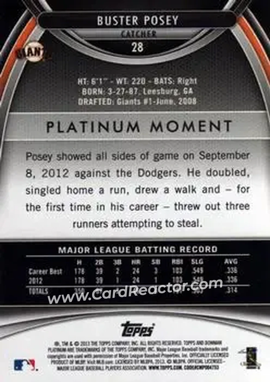 2013 Bowman Platinum #28 - Buster Posey - San Francisco Giants - Back