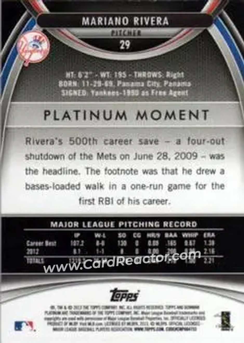 2013 Bowman Platinum #29 - Mariano Rivera - New York Yankees - Back
