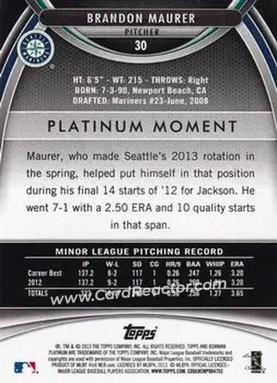2013 Bowman Platinum #30 - Brandon Maurer - Seattle Mariners - Back