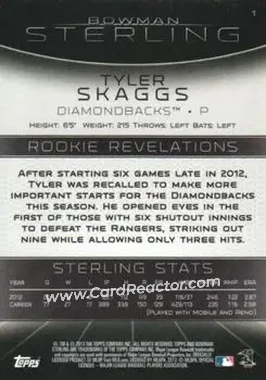 2013 Bowman Sterling #1 - Tyler Skaggs - Arizona Diamondbacks - Back