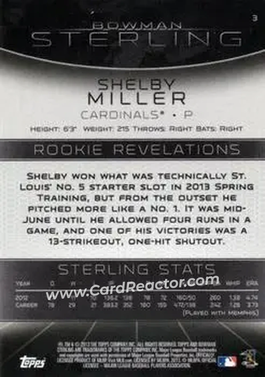 2013 Bowman Sterling #3 - Shelby Miller - St. Louis Cardinals - Back