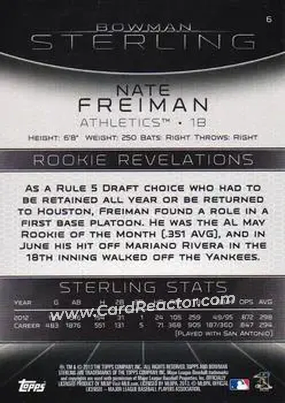 2013 Bowman Sterling #6 - Nate Freiman - Oakland Athletics - Back