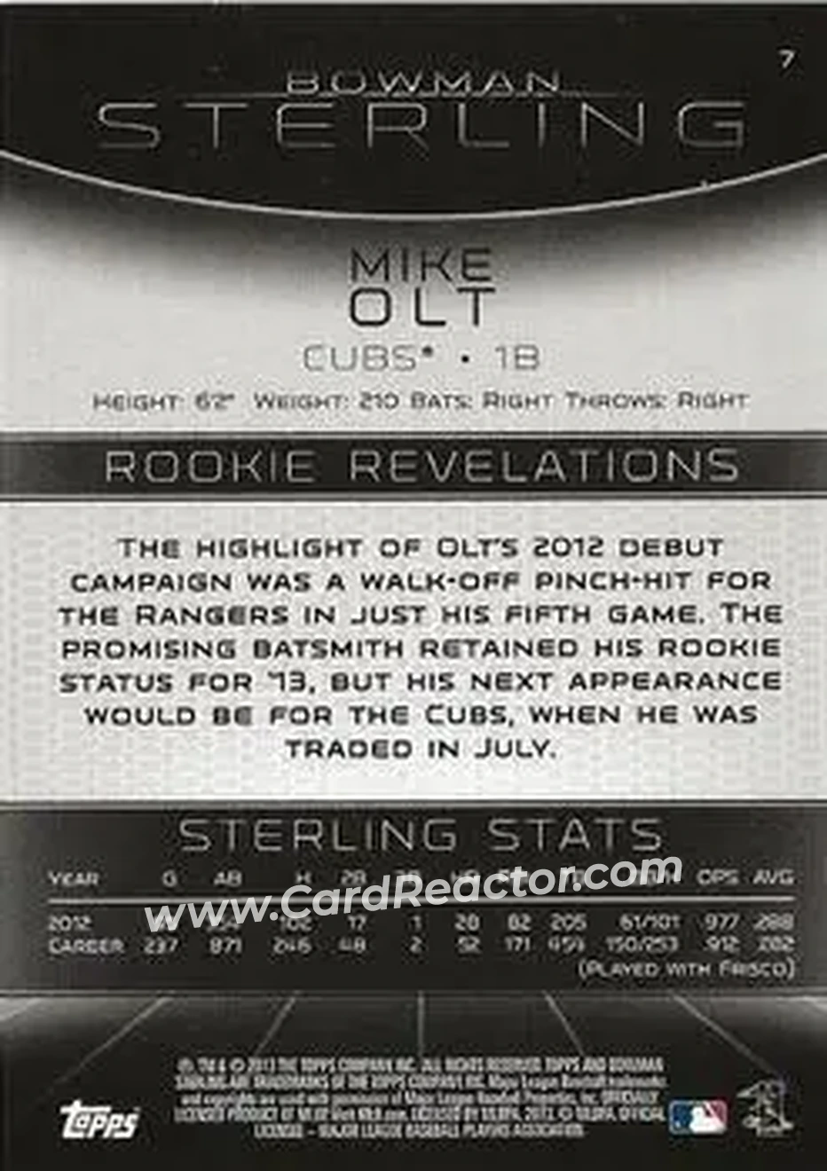 2013 Bowman Sterling #7 - Mike Olt - Chicago Cubs - Back