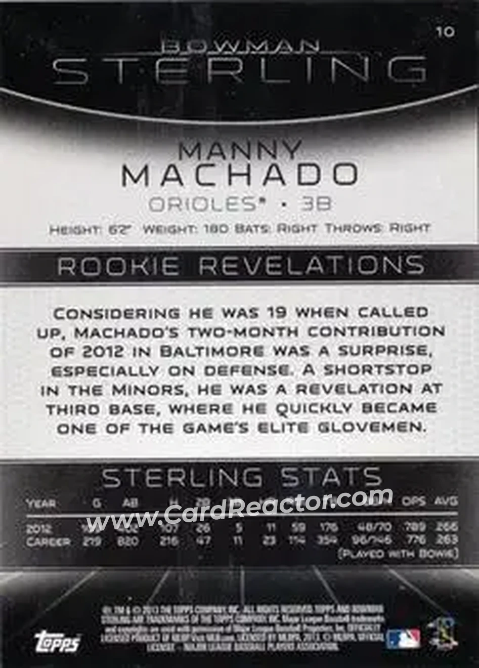 2013 Bowman Sterling #10 - Manny Machado - Baltimore Orioles - Back 2013 Bowman Sterling #10 - Manny Machado - Baltimore Orioles - Back
