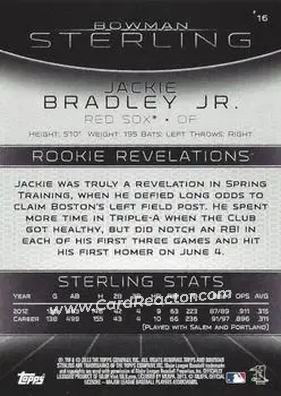 2013 Bowman Sterling #16 - Jackie Bradley Jr. - Boston Red Sox - Back