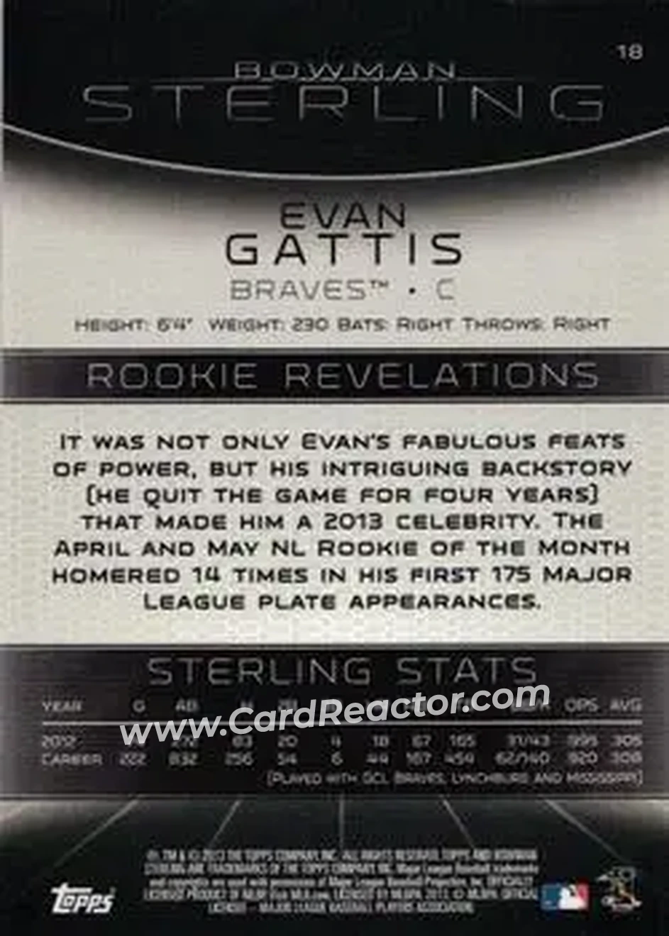 2013 Bowman Sterling #18 - Evan Gattis - Atlanta Braves - Back