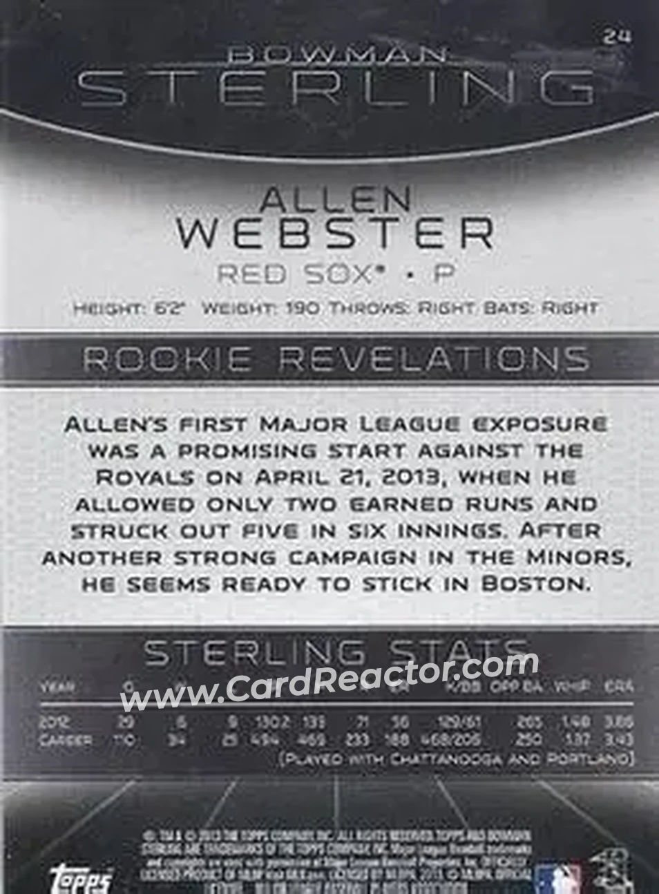 2013 Bowman Sterling #24 - Allen Webster - Boston Red Sox - Back