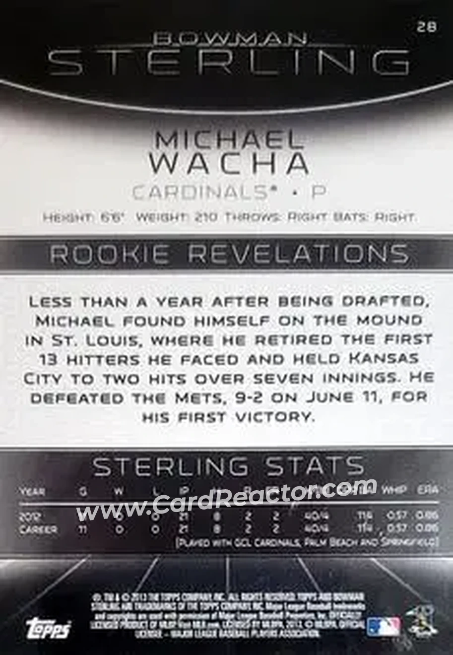 2013 Bowman Sterling #28 - Michael Wacha - St. Louis Cardinals - Back