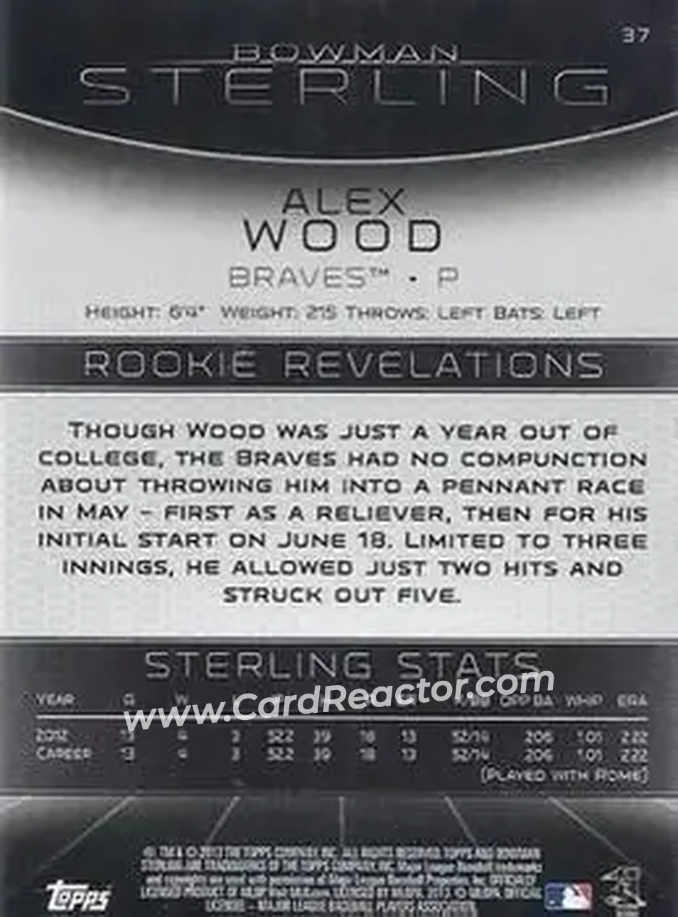2013 Bowman Sterling #37 - Alex Wood - Atlanta Braves - Back
