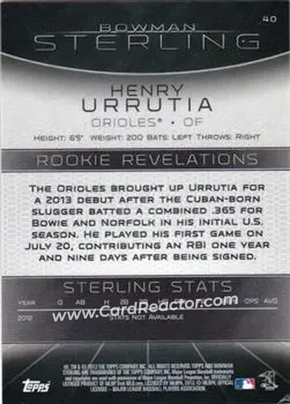 2013 Bowman Sterling #40 - Henry Urrutia - Baltimore Orioles - Back