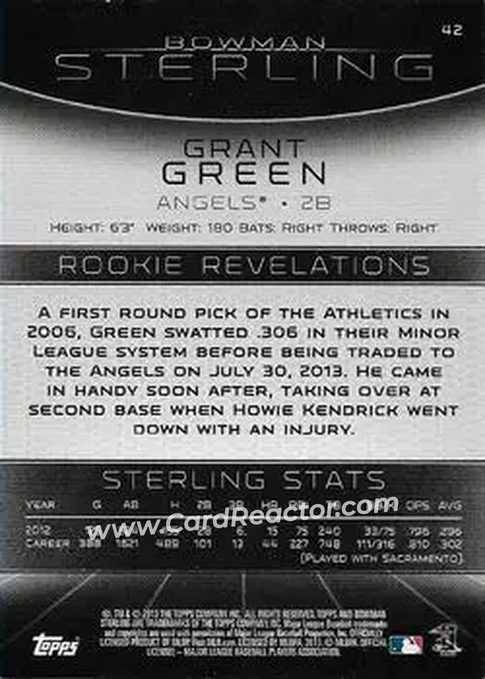 2013 Bowman Sterling #42 - Grant Green - Los Angeles Angels - Back 2013 Bowman Sterling #42 - Grant Green - Los Angeles Angels - Back