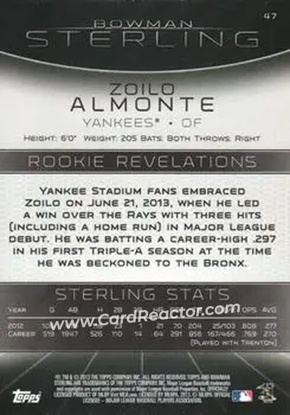 2013 Bowman Sterling #47 - Zoilo Almonte - New York Yankees - Back