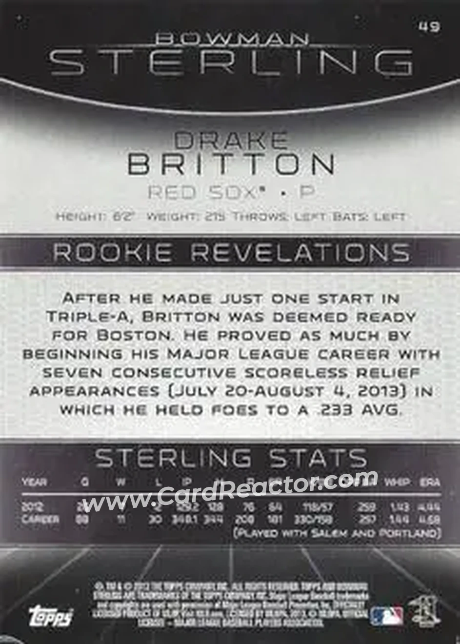 2013 Bowman Sterling #49 - Drake Britton - Boston Red Sox - Back 2013 Bowman Sterling #49 - Drake Britton - Boston Red Sox - Back