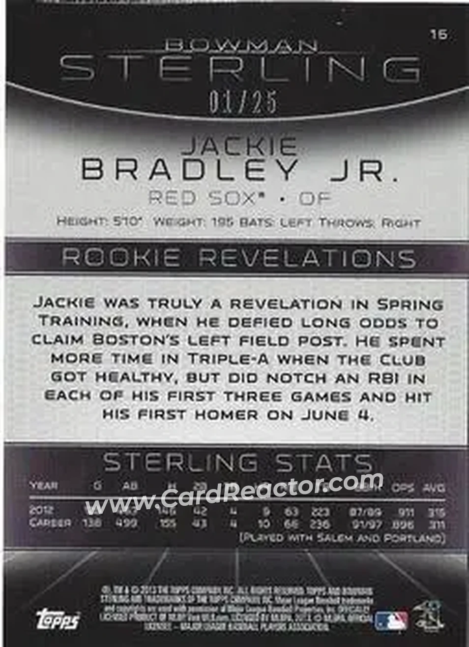 2013 Bowman Sterling - Blue Refractors #16 - Jackie Bradley Jr. - Boston Red Sox - Back