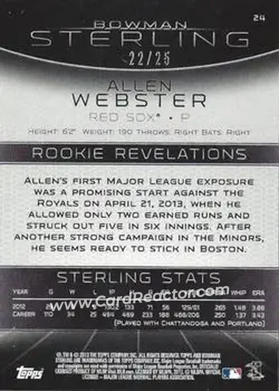 2013 Bowman Sterling - Blue Refractors #24 - Allen Webster - Boston Red Sox - Back