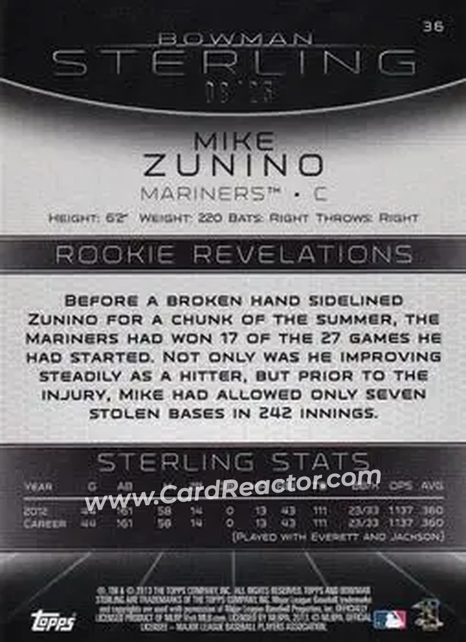 2013 Bowman Sterling - Blue Refractors #36 - Mike Zunino - Seattle Mariners - Back