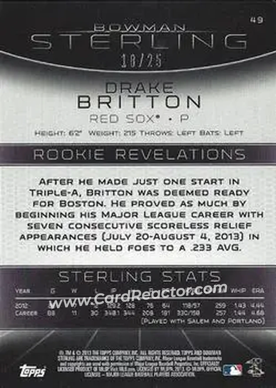 2013 Bowman Sterling - Blue Refractors #49 - Drake Britton - Boston Red Sox - Back