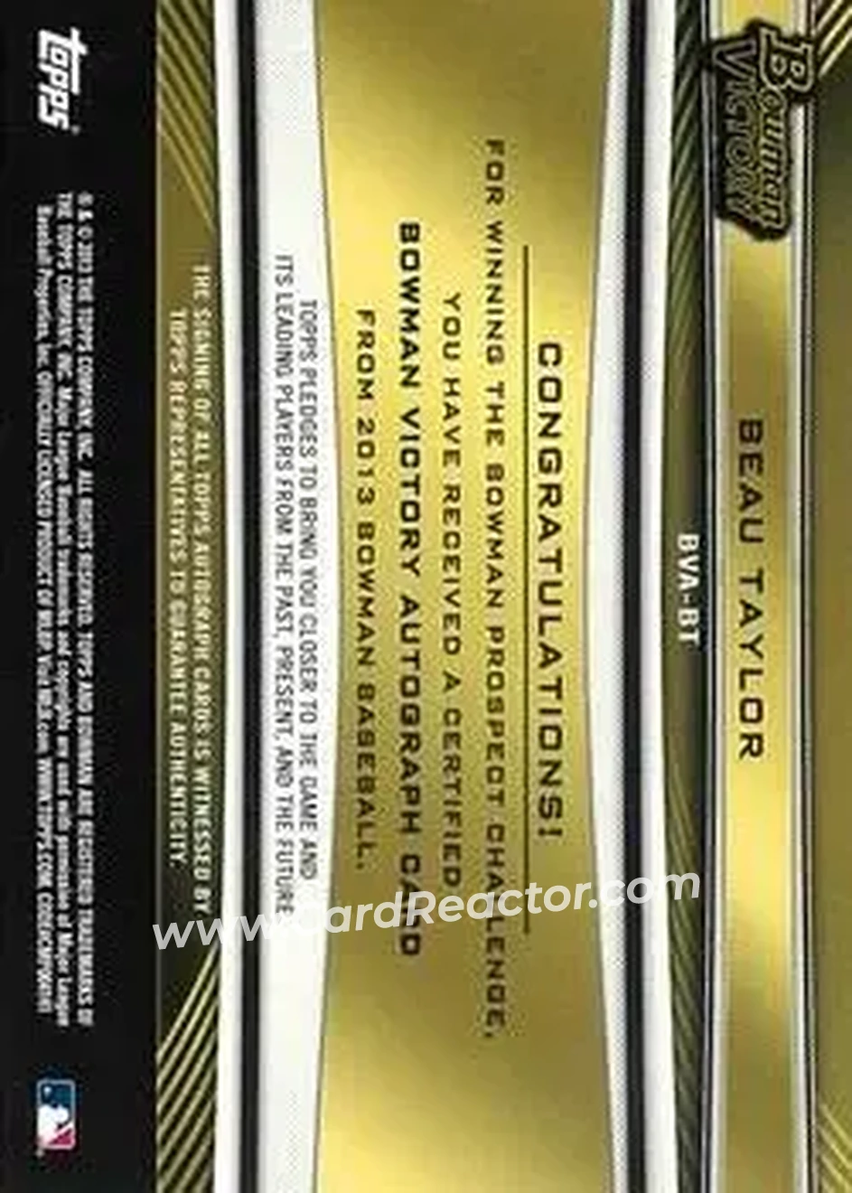 2013 Bowman Victory Autographs #BVA-BT - Beau Taylor - Oakland Athletics - Back