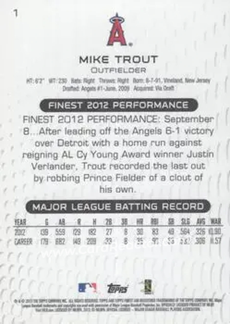 2013 Finest #1 - Mike Trout - Los Angeles Angels - Back 2013 Finest #1 - Mike Trout - Los Angeles Angels - Back
