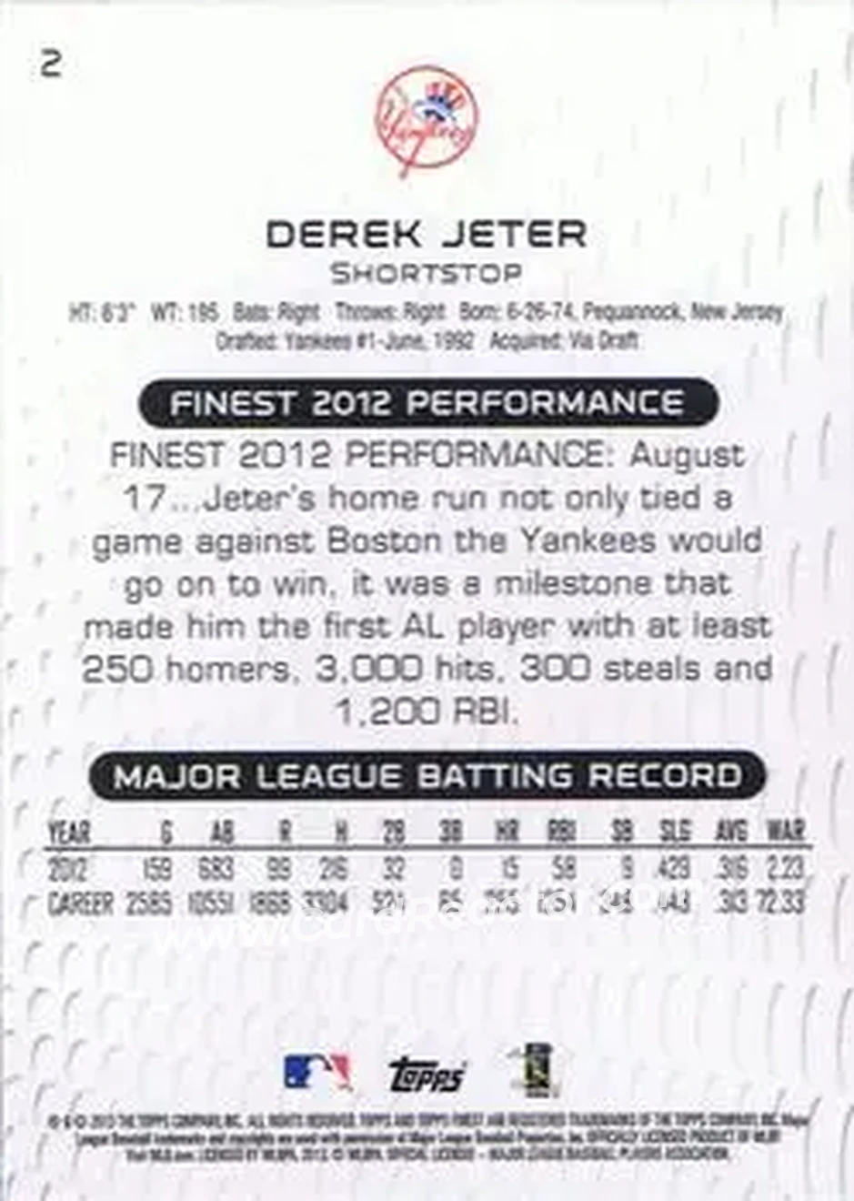 2013 Finest #2 - Derek Jeter - New York Yankees - Back