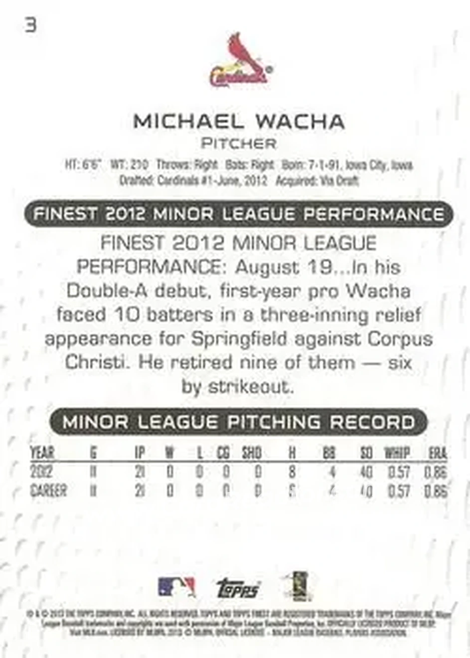 2013 Finest #3 - Michael Wacha - St. Louis Cardinals - Back