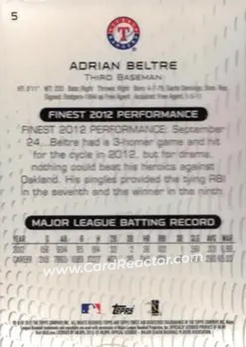 2013 Finest #5 - Adrian Beltré - Texas Rangers - Back