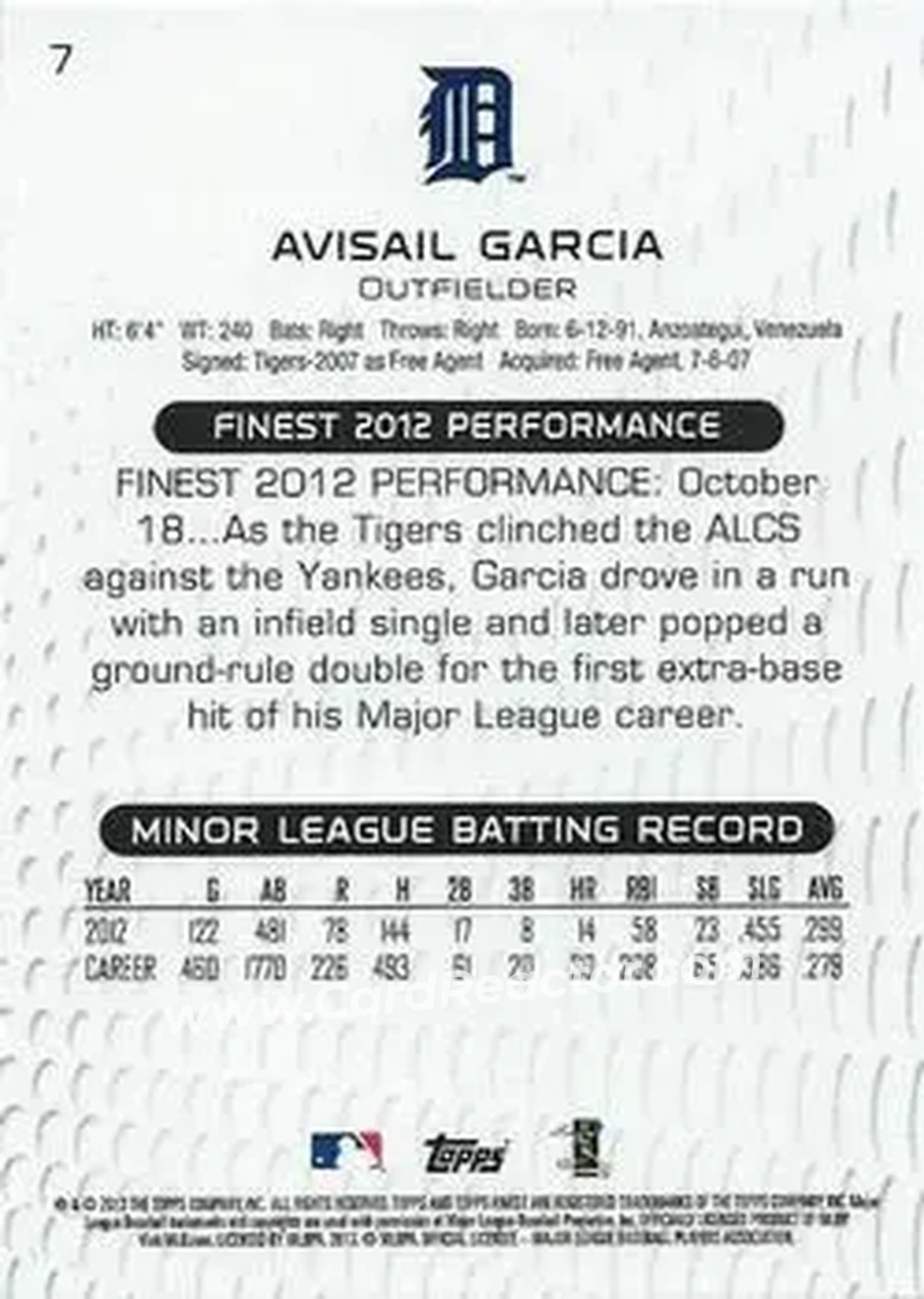 2013 Finest #7 - Avisail Garcia - Detroit Tigers - Back
