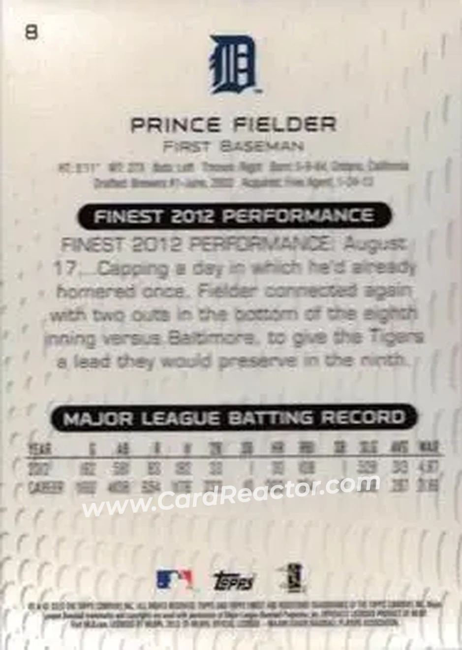 2013 Finest #8 - Prince Fielder - Detroit Tigers - Back