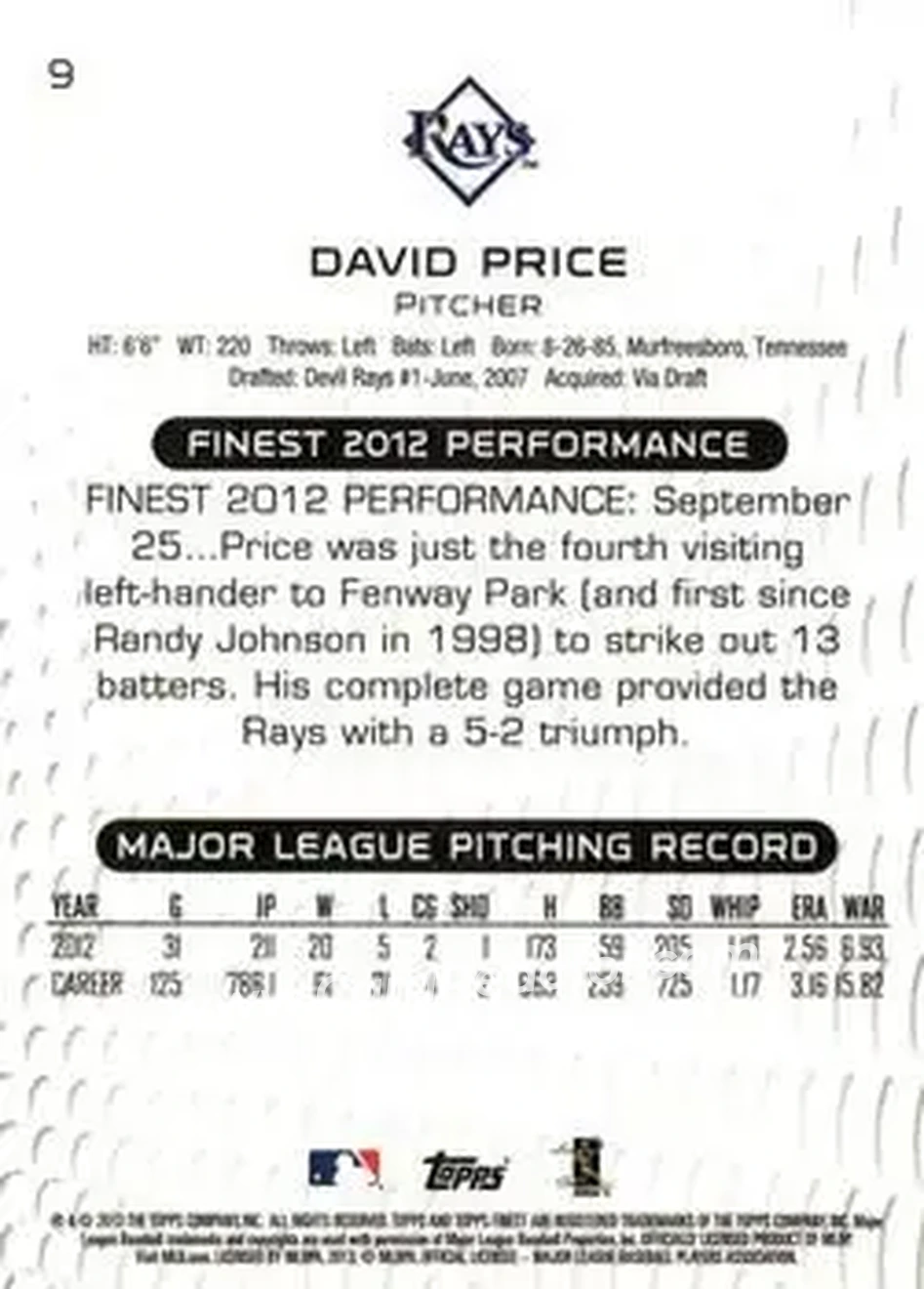 2013 Finest #9 - David Price - Tampa Bay Rays - Back