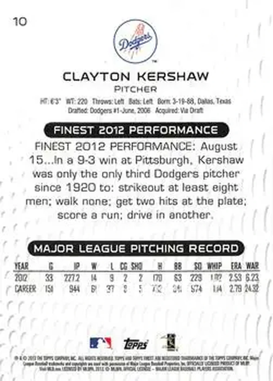 2013 Finest #10 - Clayton Kershaw - Los Angeles Dodgers - Back
