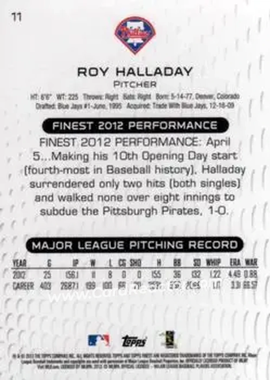 2013 Finest #11 - Roy Halladay - Philadelphia Phillies - Back
