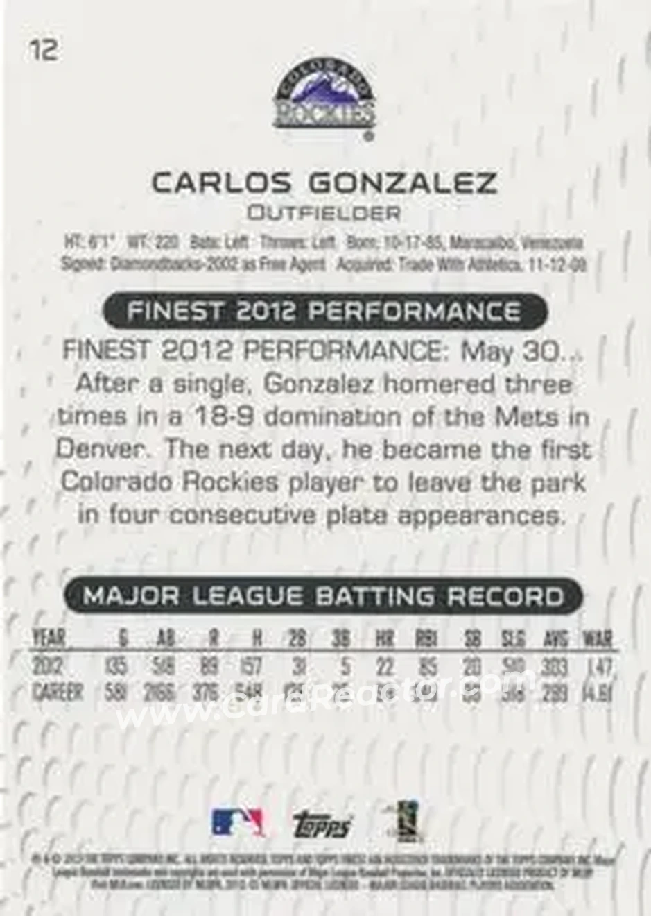 2013 Finest #12 - Carlos Gonzalez - Colorado Rockies - Back