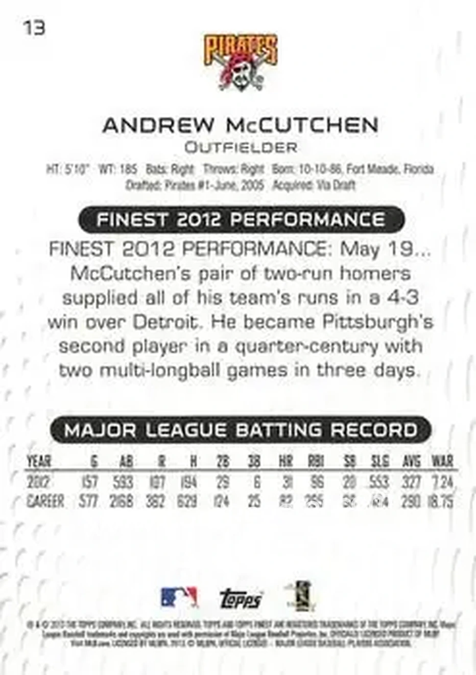 2013 Finest #13 - Andrew McCutchen - Pittsburgh Pirates - Back
