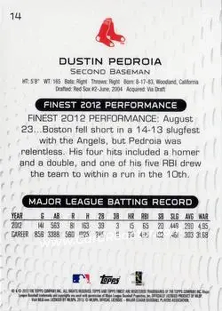 2013 Finest #14 - Dustin Pedroia - Boston Red Sox - Back