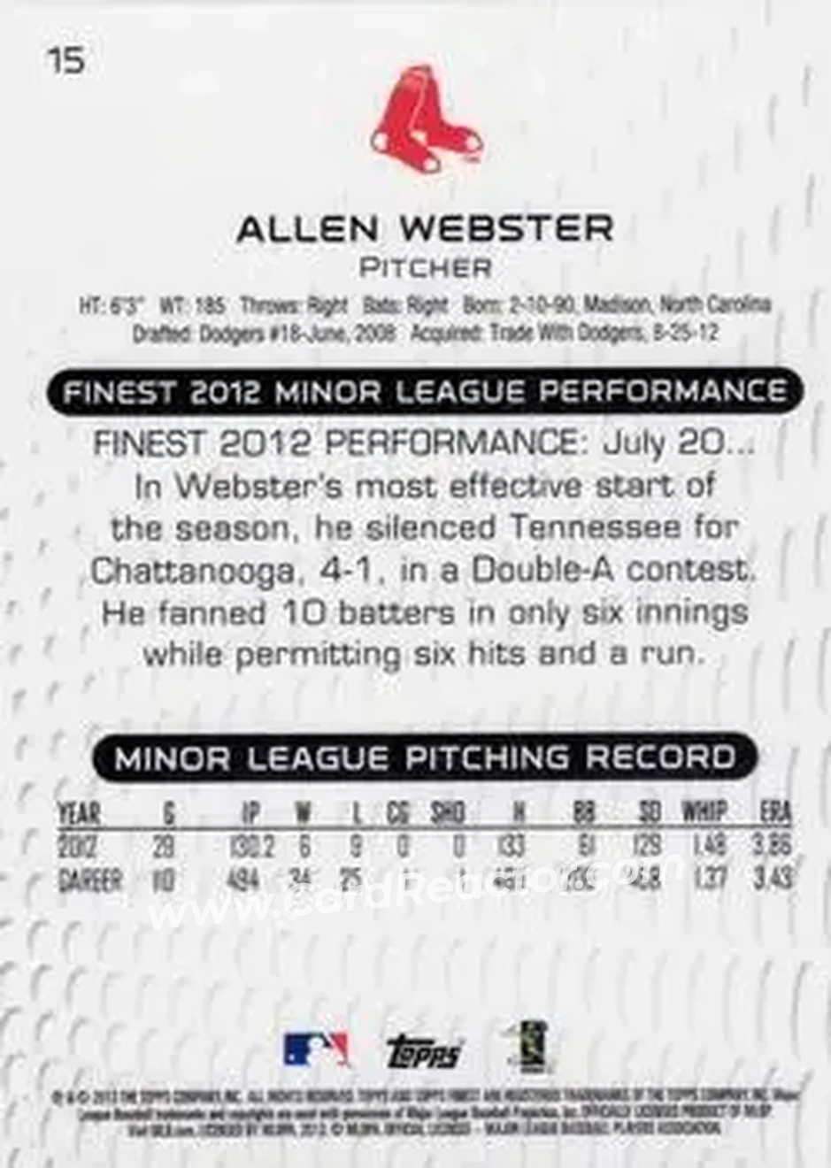 2013 Finest #15 - Allen Webster - Boston Red Sox - Back