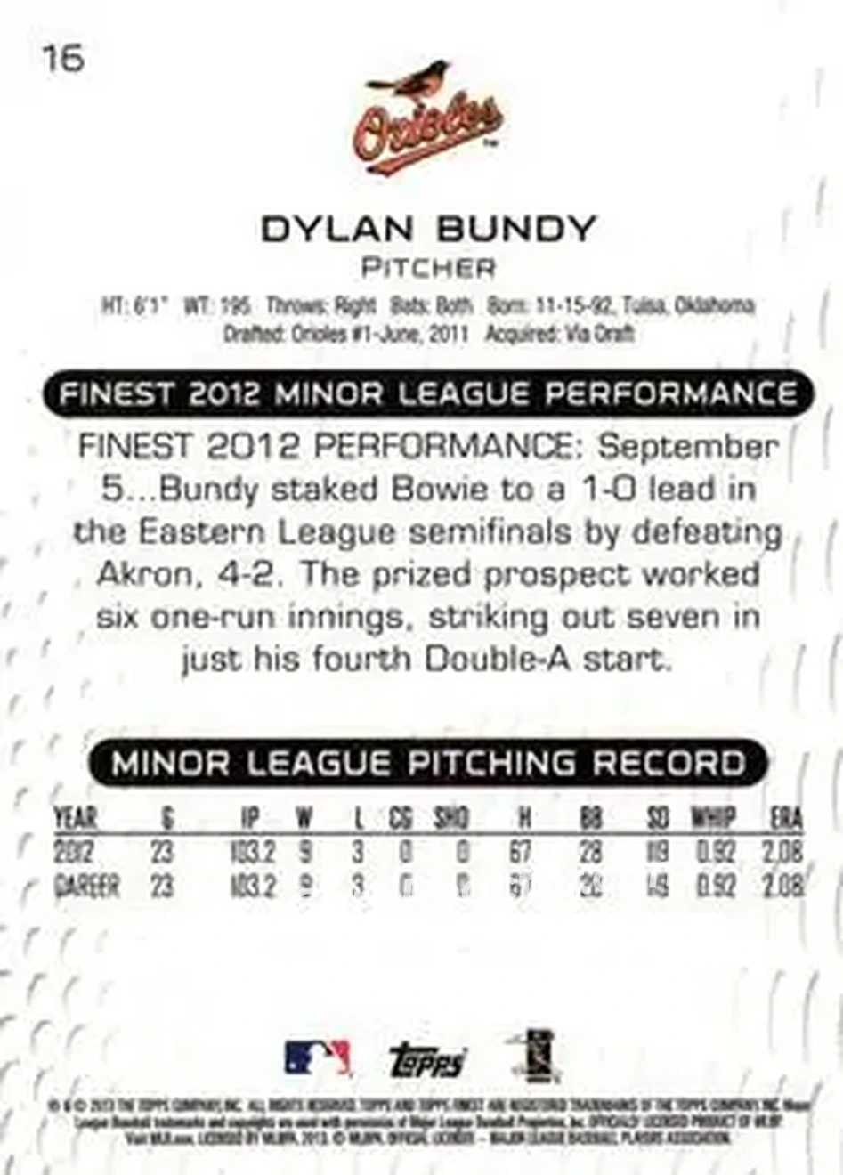 2013 Finest #16 - Dylan Bundy - Baltimore Orioles - Back