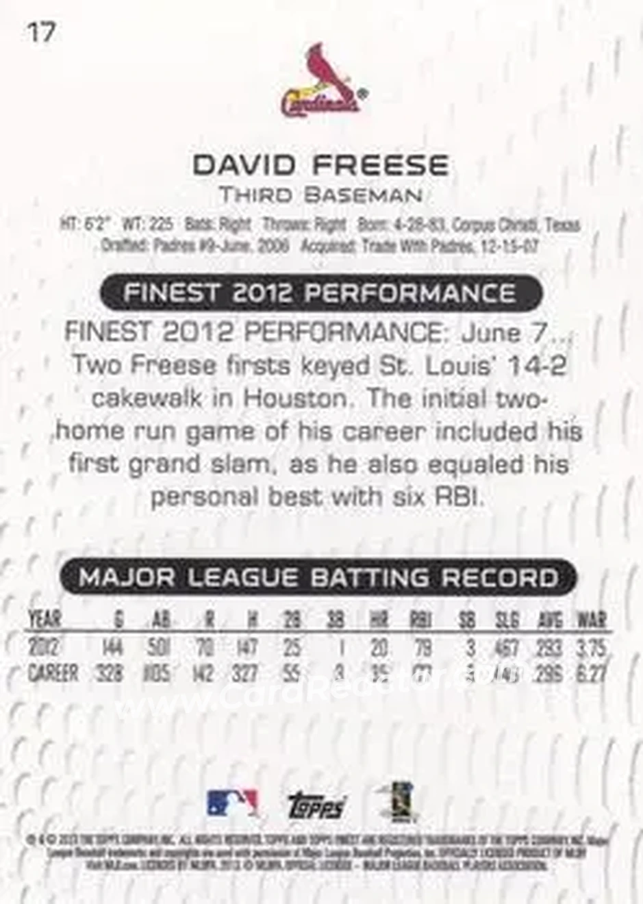 2013 Finest #17 - David Freese - St. Louis Cardinals - Back