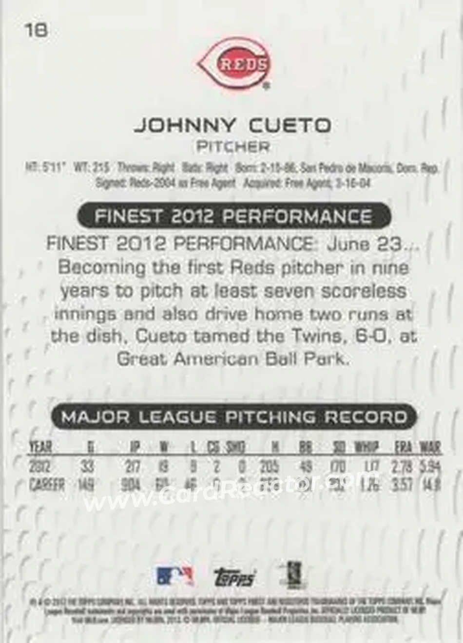 2013 Finest #18 - Johnny Cueto - Cincinnati Reds - Back