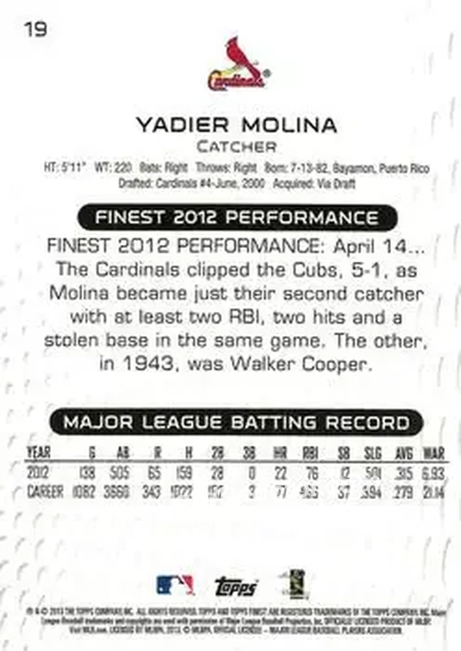 2013 Finest #19 - Yadier Molina - St. Louis Cardinals - Back 2013 Finest #19 - Yadier Molina - St. Louis Cardinals - Back