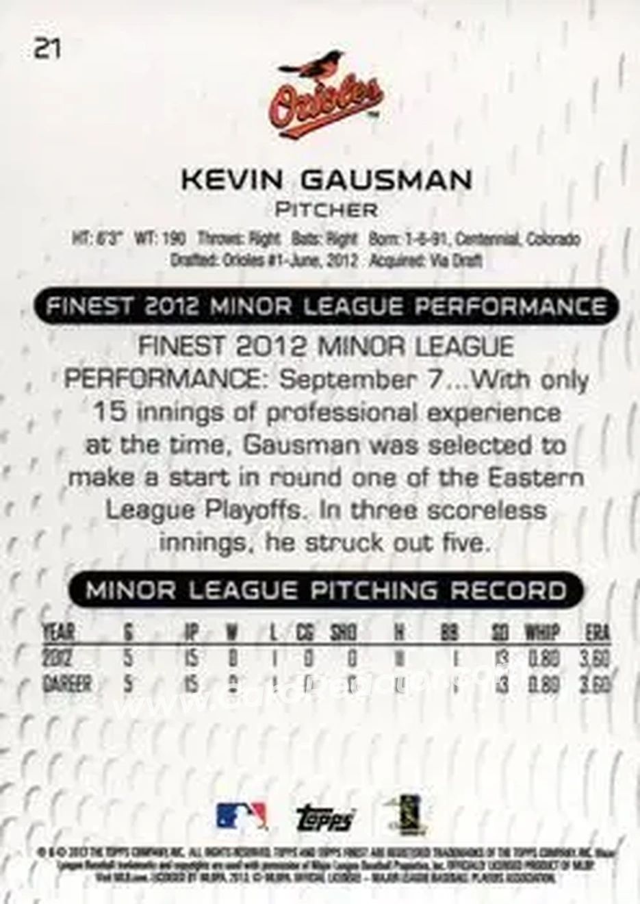 2013 Finest #21 - Kevin Gausman - Baltimore Orioles - Back