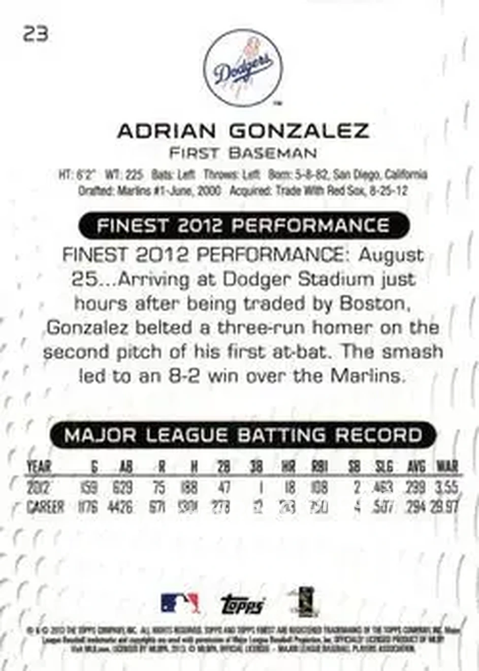 2013 Finest #23 - Adrian Gonzalez - Los Angeles Dodgers - Back