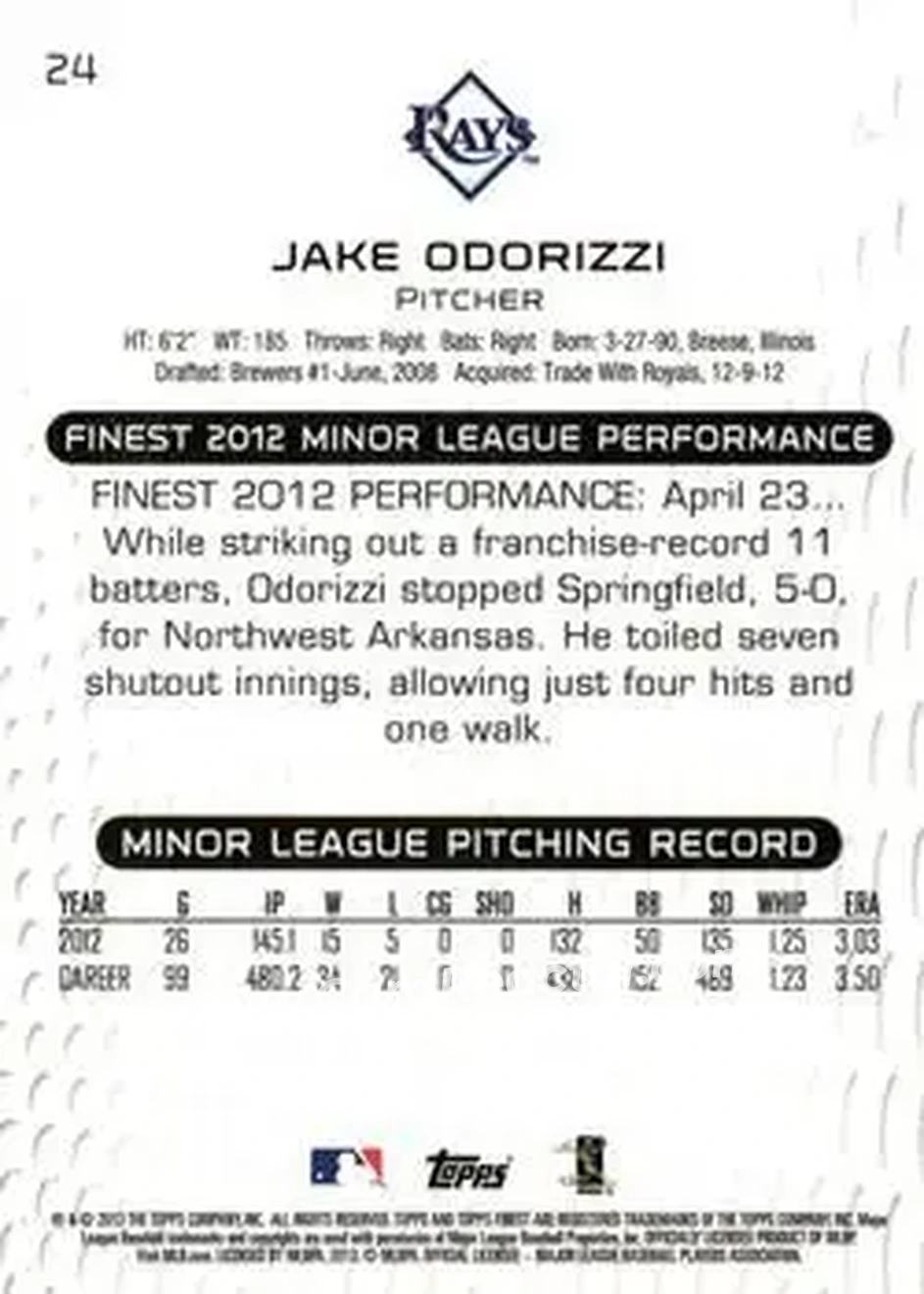 2013 Finest #24 - Jake Odorizzi - Tampa Bay Rays - Back