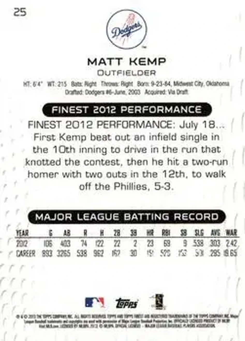 2013 Finest #25 - Matt Kemp - Los Angeles Dodgers - Back