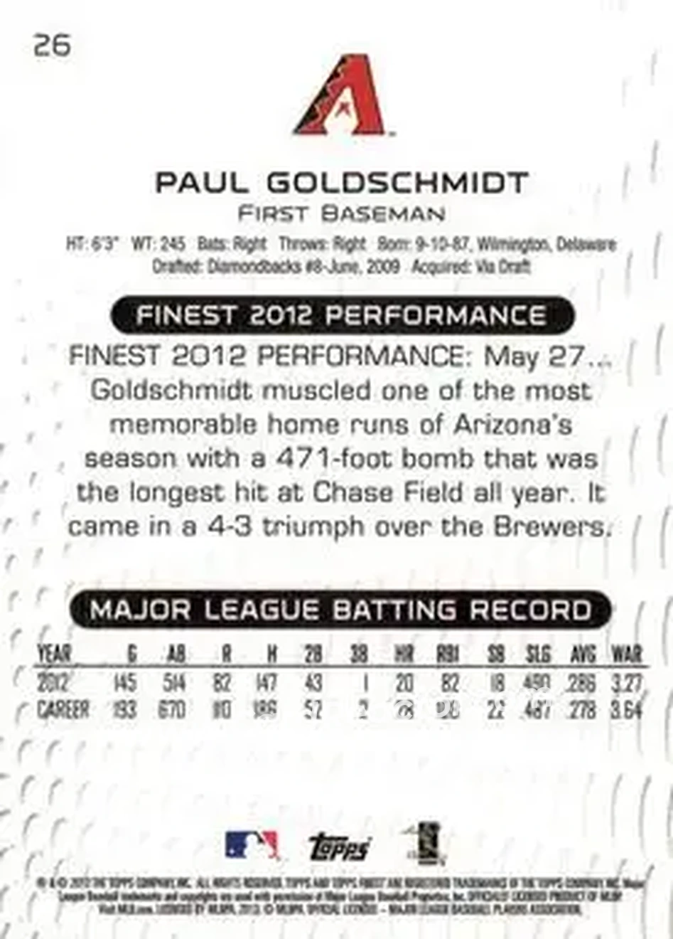 2013 Finest #26 - Paul Goldschmidt - Arizona Diamondbacks - Back