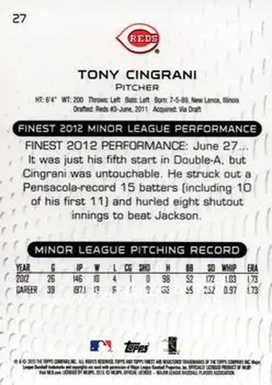 2013 Finest #27 - Tony Cingrani - Cincinnati Reds - Back 2013 Finest #27 - Tony Cingrani - Cincinnati Reds - Back