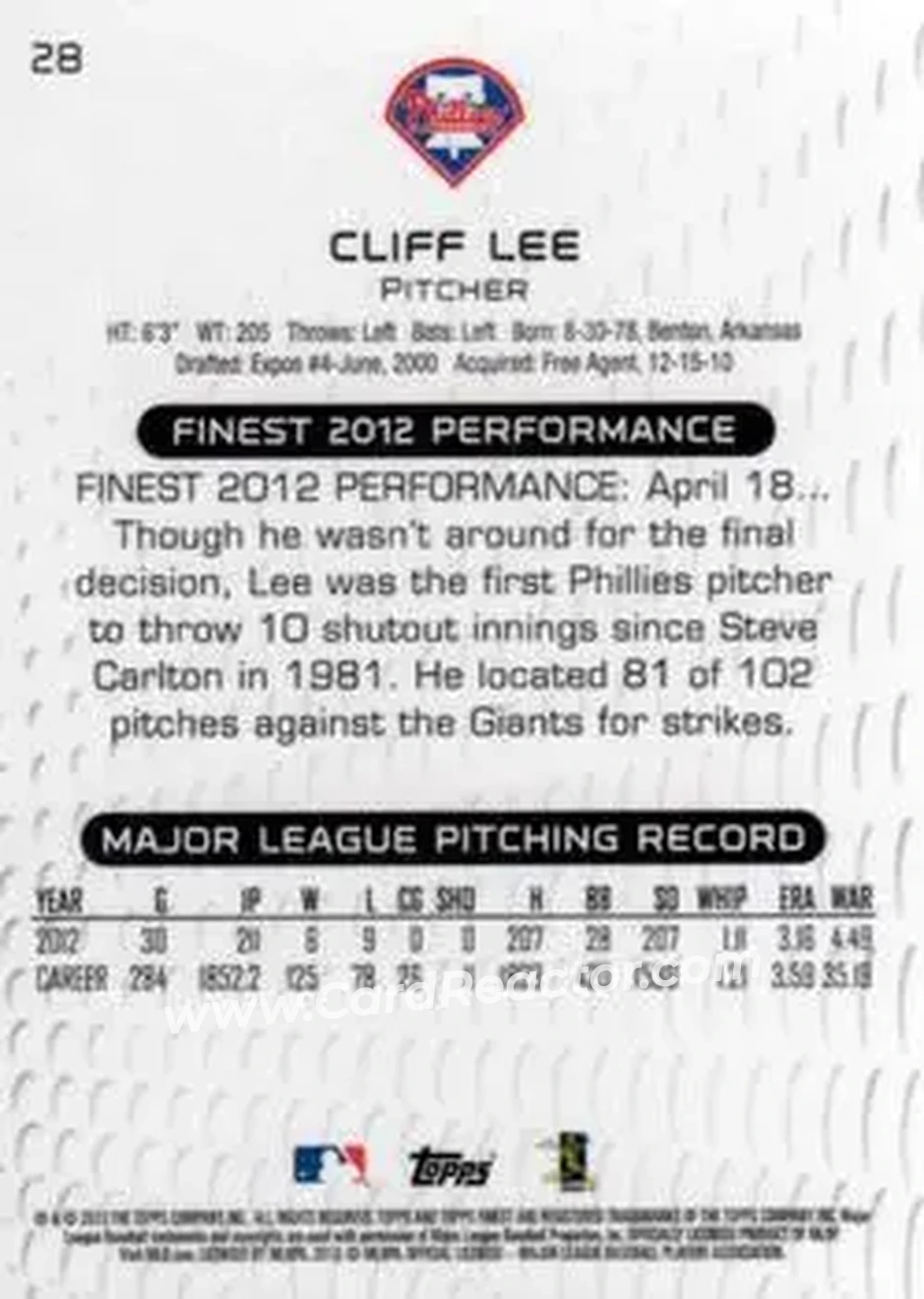 2013 Finest #28 - Cliff Lee - Philadelphia Phillies - Back 2013 Finest #28 - Cliff Lee - Philadelphia Phillies - Back